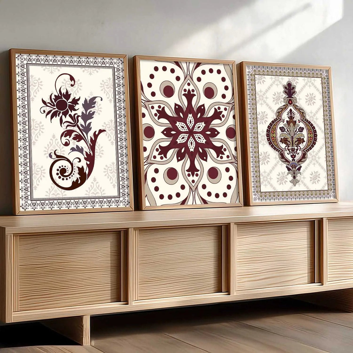 Burgundy Bohemian Botanical Triptych Digital Art
