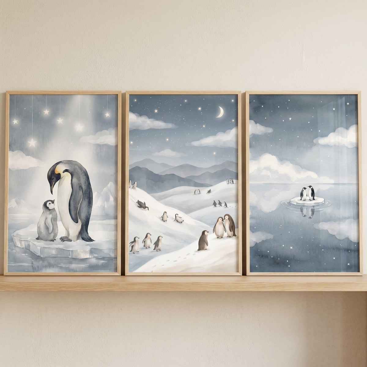 Charming Watercolor Penguin Triptych Digital Art