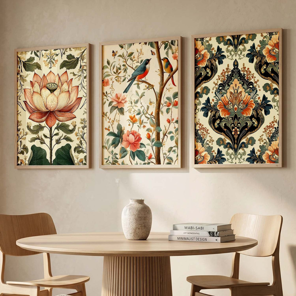 Botanical Birds and Damask Triptych Digital Art