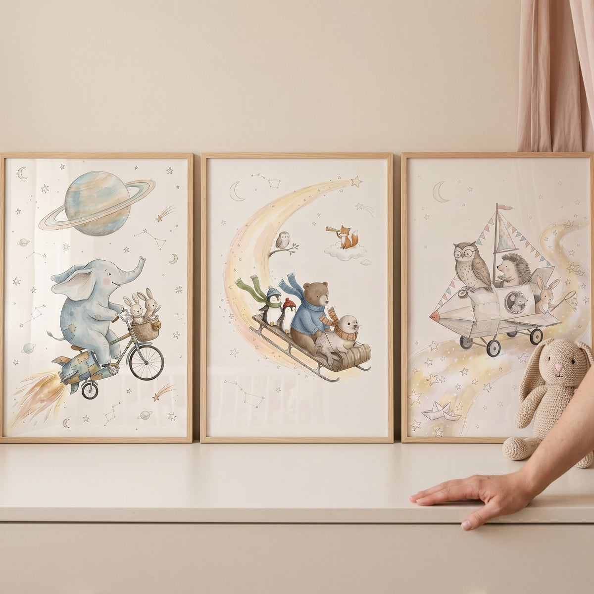 Whimsical Space Animals Digital Art Prints Trio