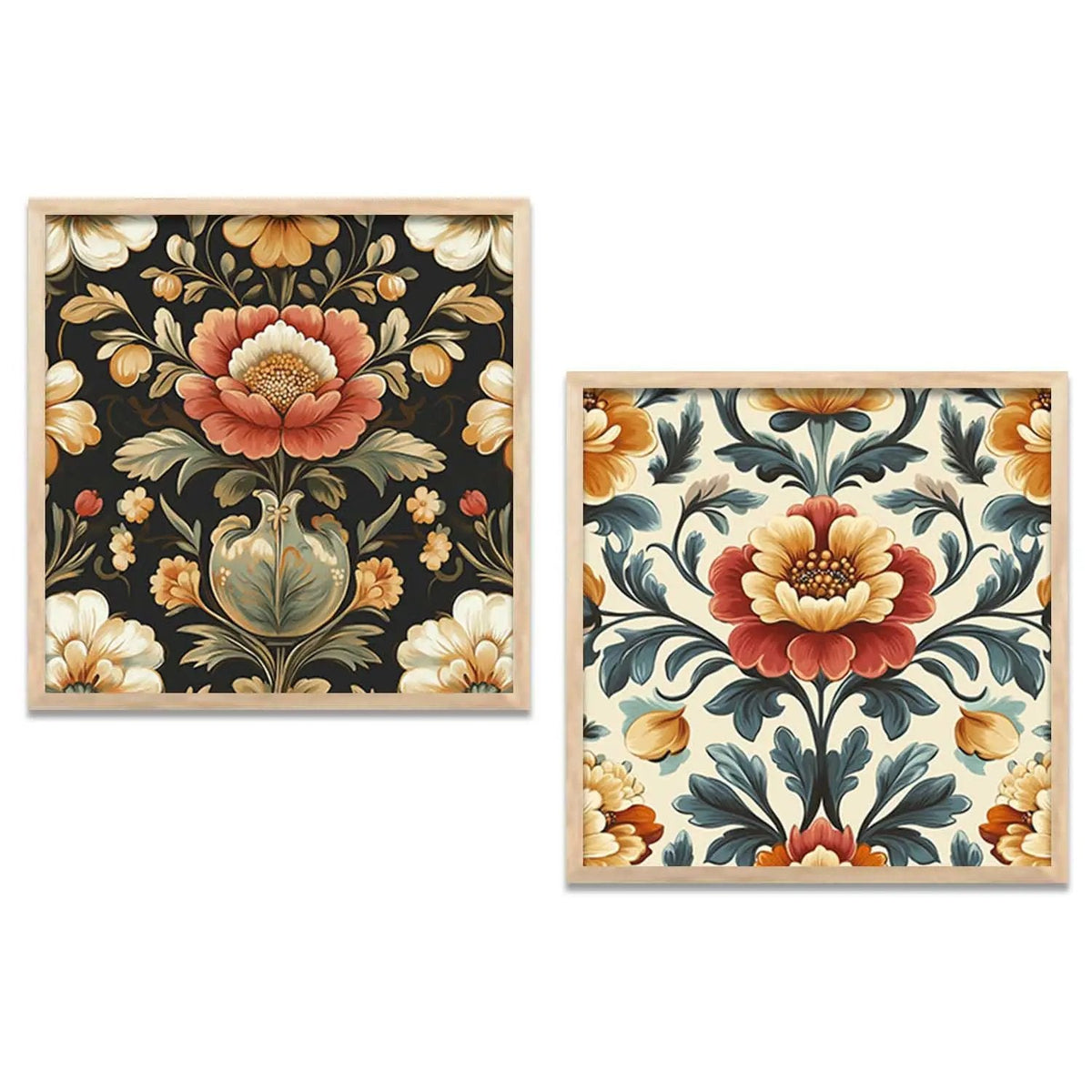 Vintage Botanical Floral Patterns Digital Art Duo