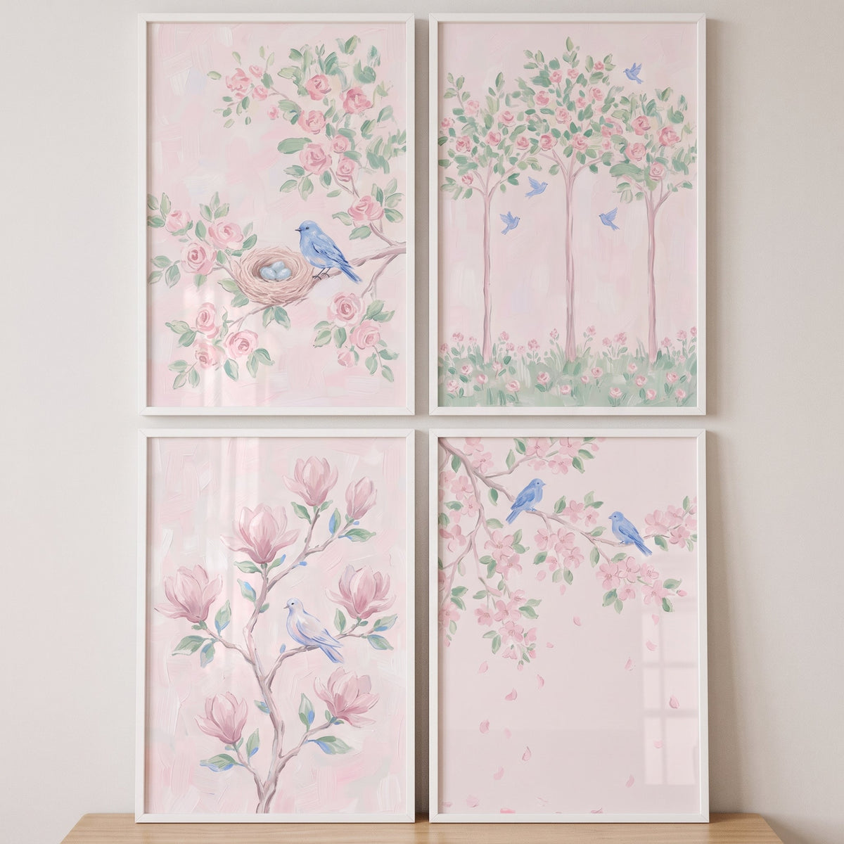 Charming Blue Birds and Pink Florals Digital Art Set of Four