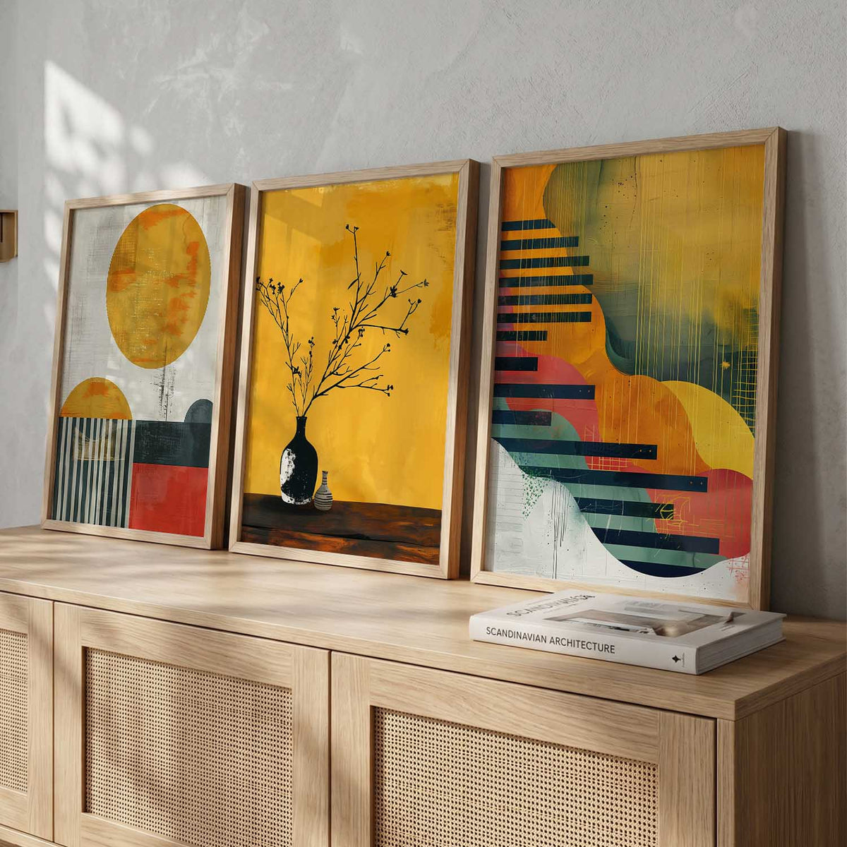 Abstract Golden Sun and Botanical Triptych Digital Art