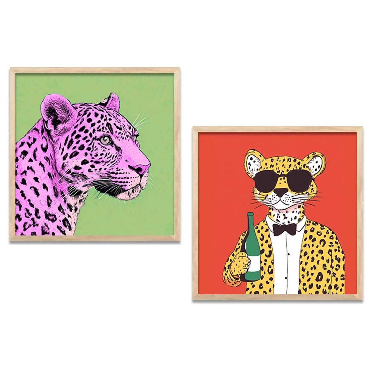 Chic Pink Leopard and Dapper Cat Digital Art Set