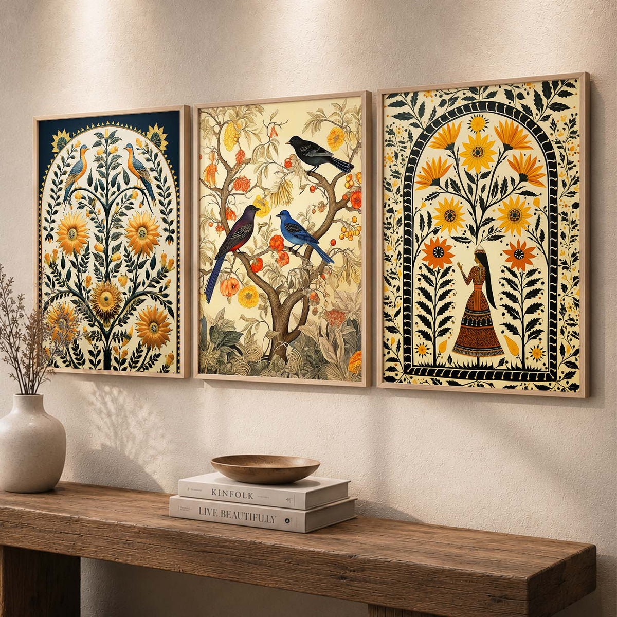 Botanical Birds Triptych Digital Art