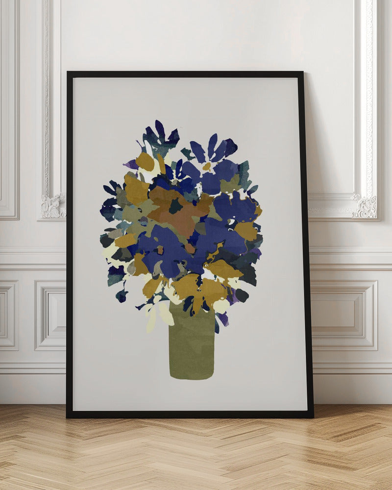 Abstract Blue and Gold Floral Bouquet Digital Art Print