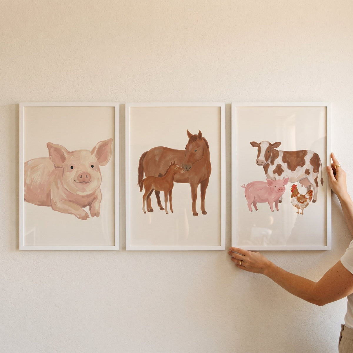 Charming Farm Animals Watercolor Digital Art Triptych