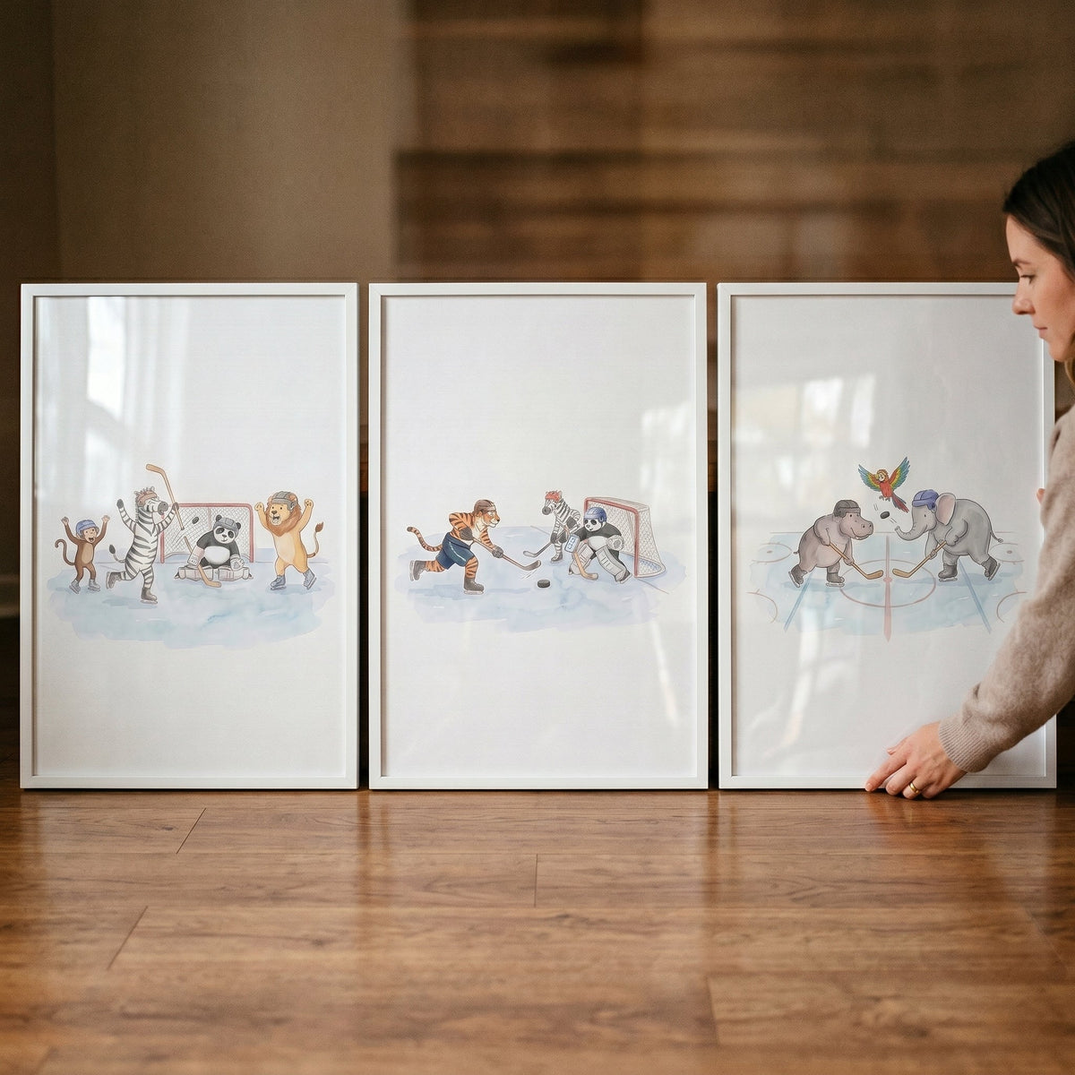 Cute Animal Hockey Players Digital Art Triptych