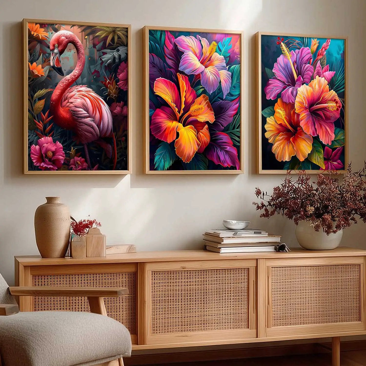 Tropical Flamingo and Hibiscus Triptych