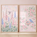 Charming Spring Garden Birds and Florals Digital Art Diptych