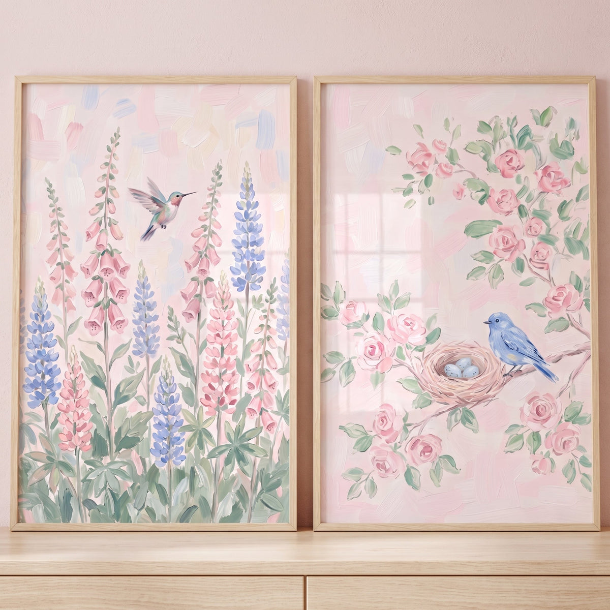Charming Spring Garden Birds and Florals Digital Art Diptych