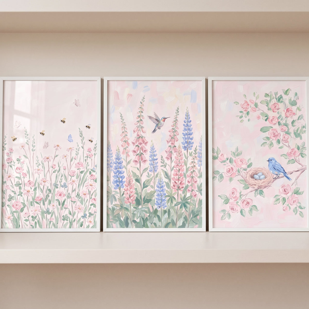 Pastel Meadow Birds Digital Art Triptych
