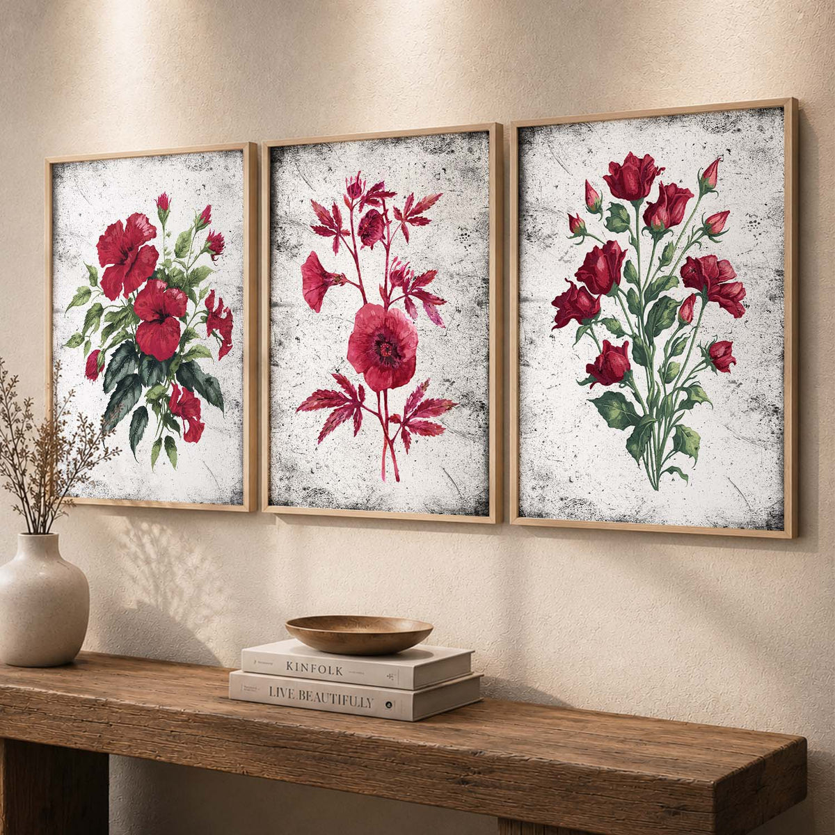 Vintage Red Botanical Trio Digital Art