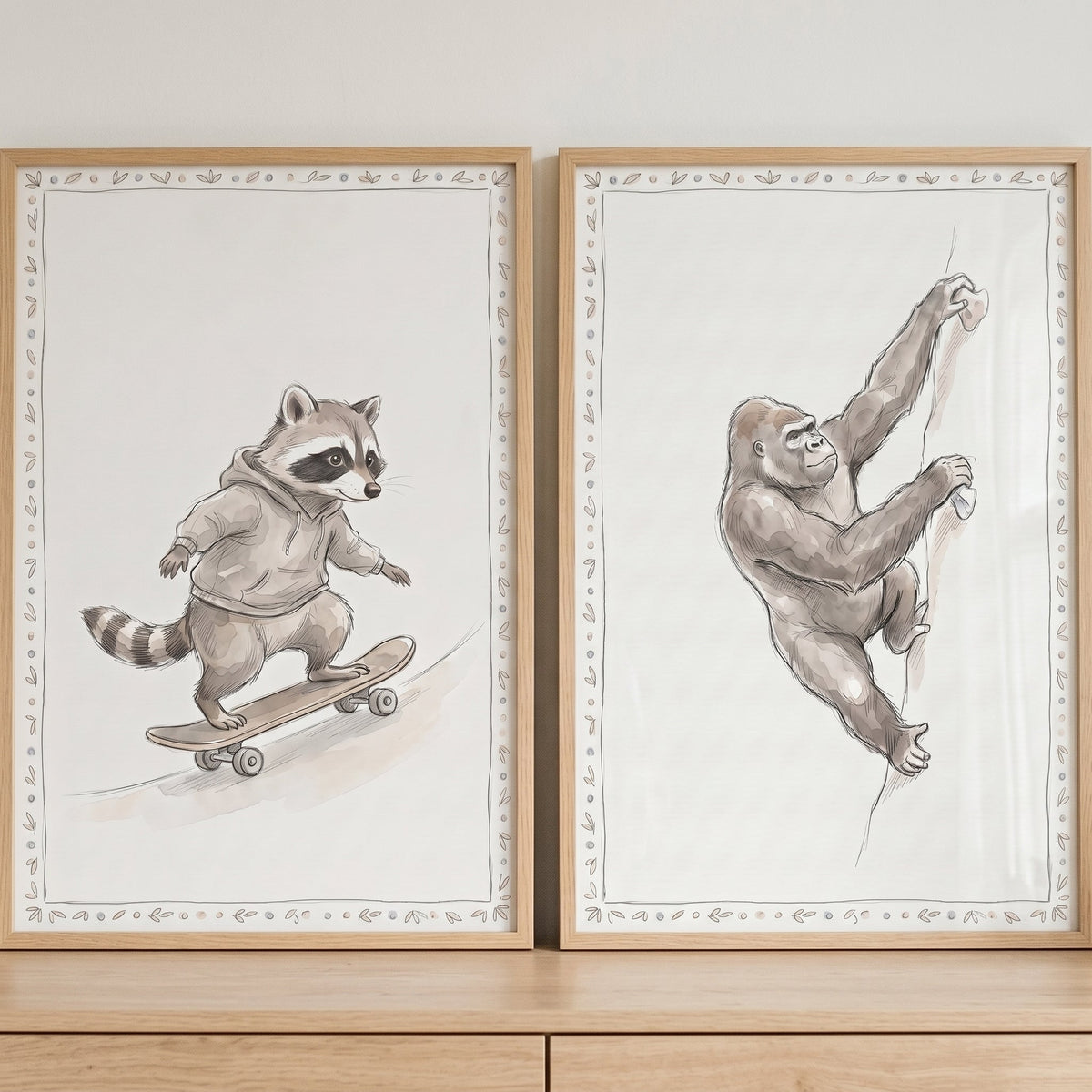Skating Raccoon and Climbing Gorilla Digital Art Set