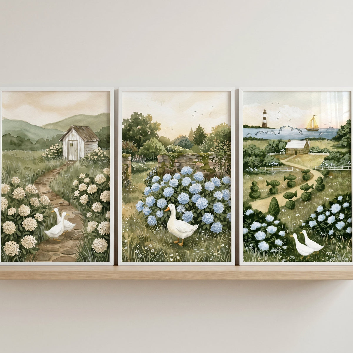 Charming Countryside Duck Watercolor Triptych
