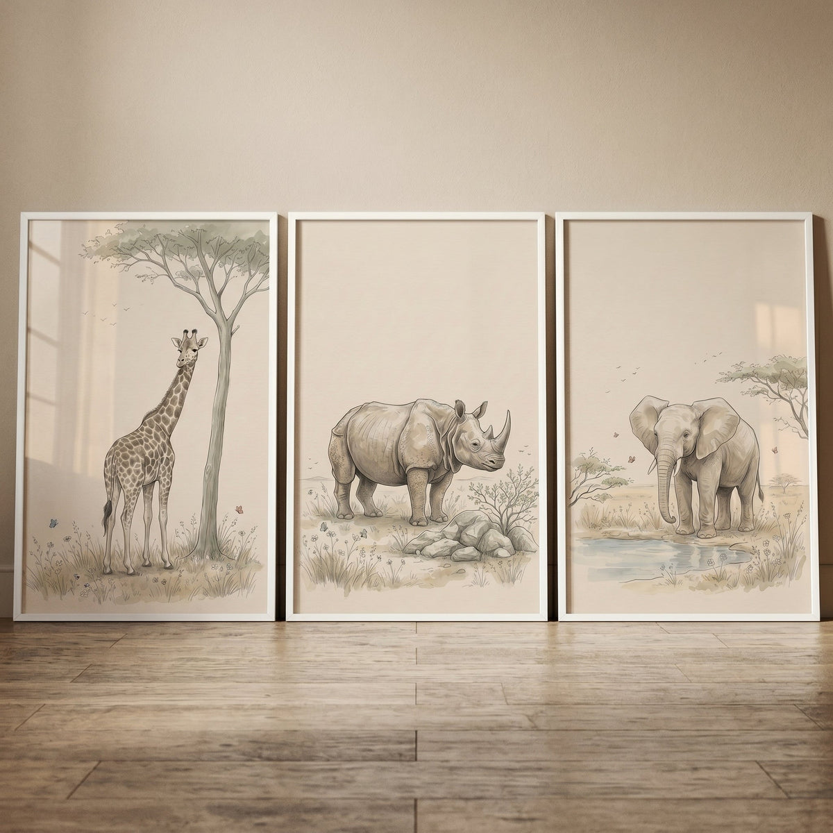 Neutral Safari Animals Trio Digital Art