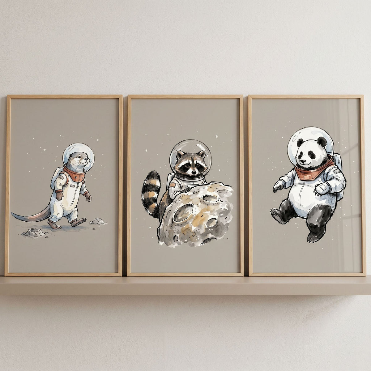Space Explorer Animals Triptych Digital Art Set