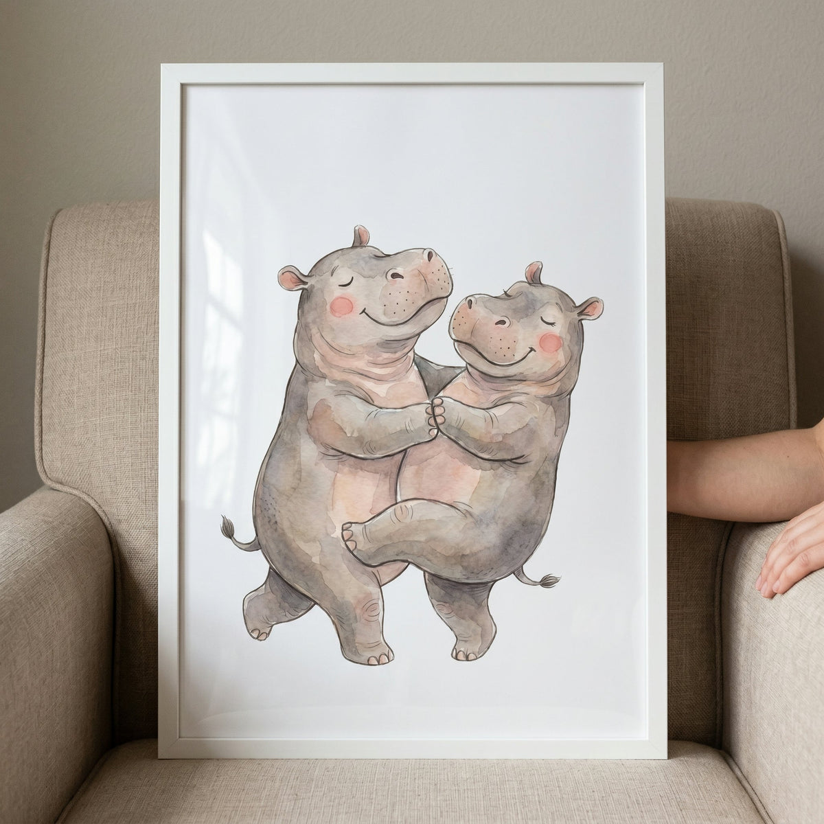 Dancing Hippos Watercolor Digital Artwork