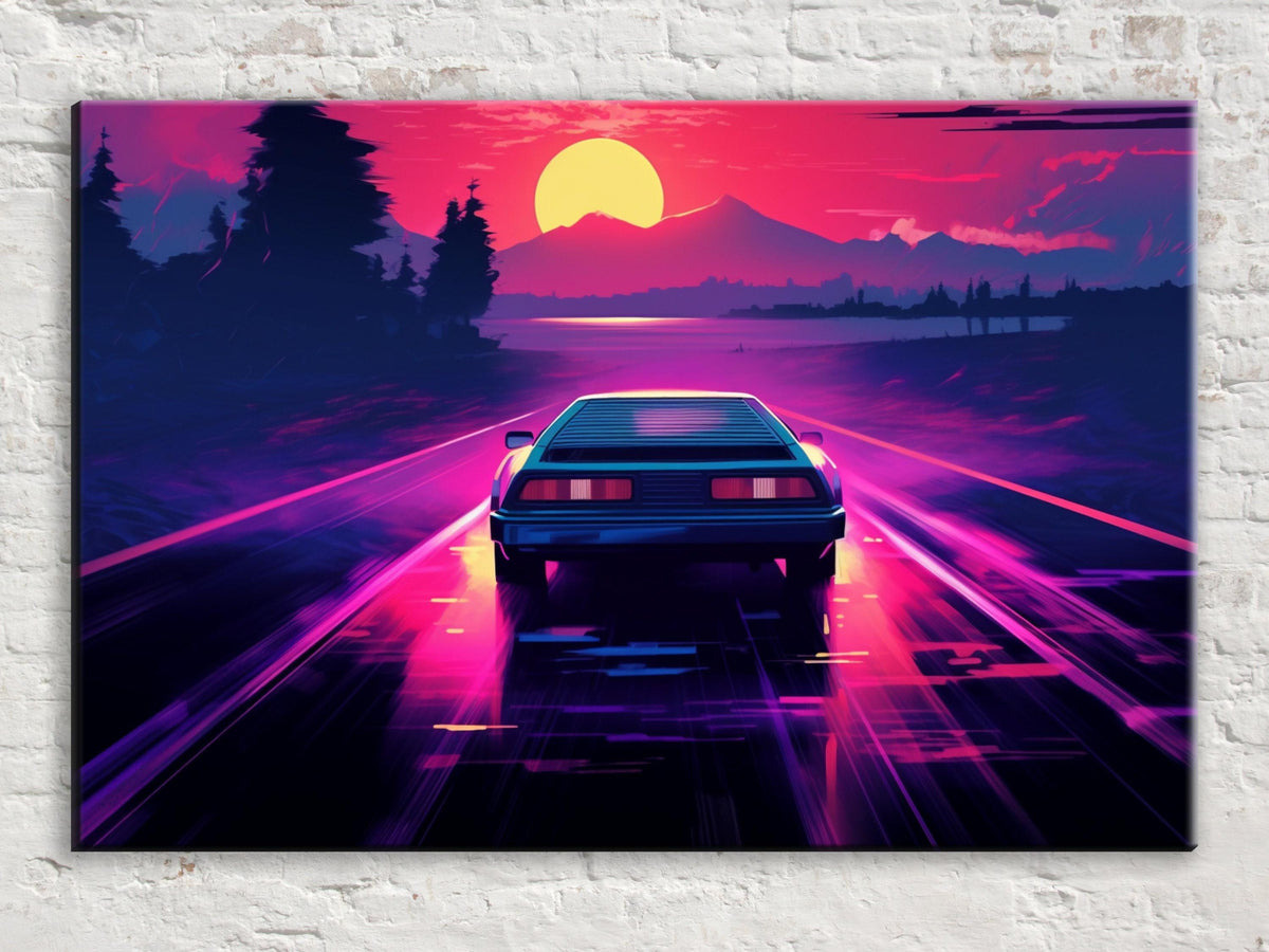 Retro Synthwave Sunset Drive Digital Artwork