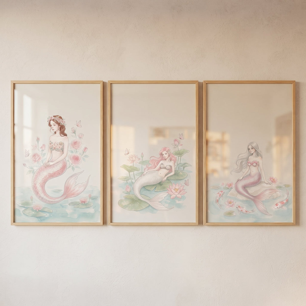 Ethereal Mermaids Watercolor Triptych