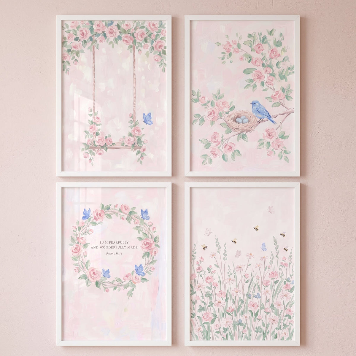 Pink Floral Spring Watercolor Digital Art Set of 4