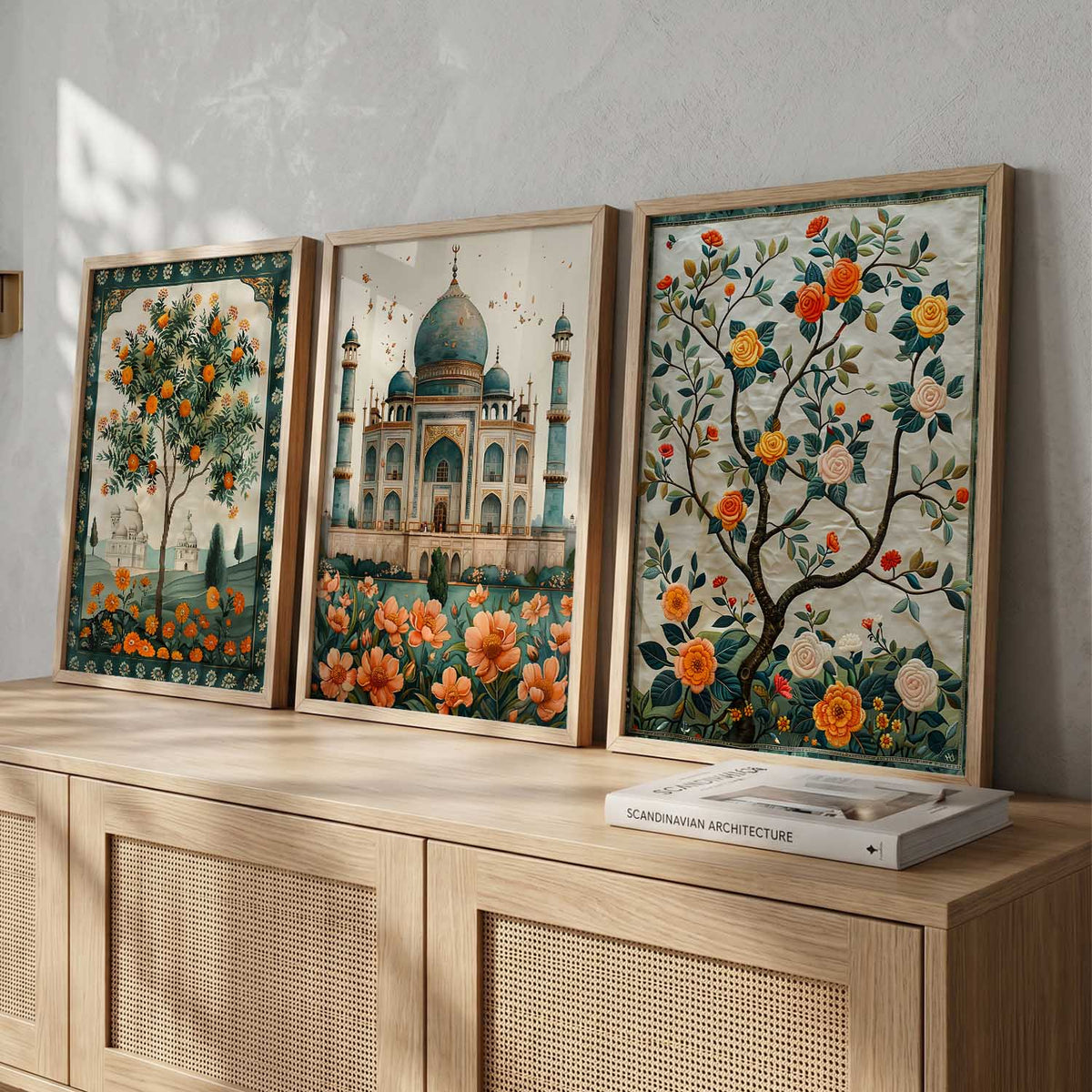 Mughal Architecture and Botanical Gardens Digital Art Triptych