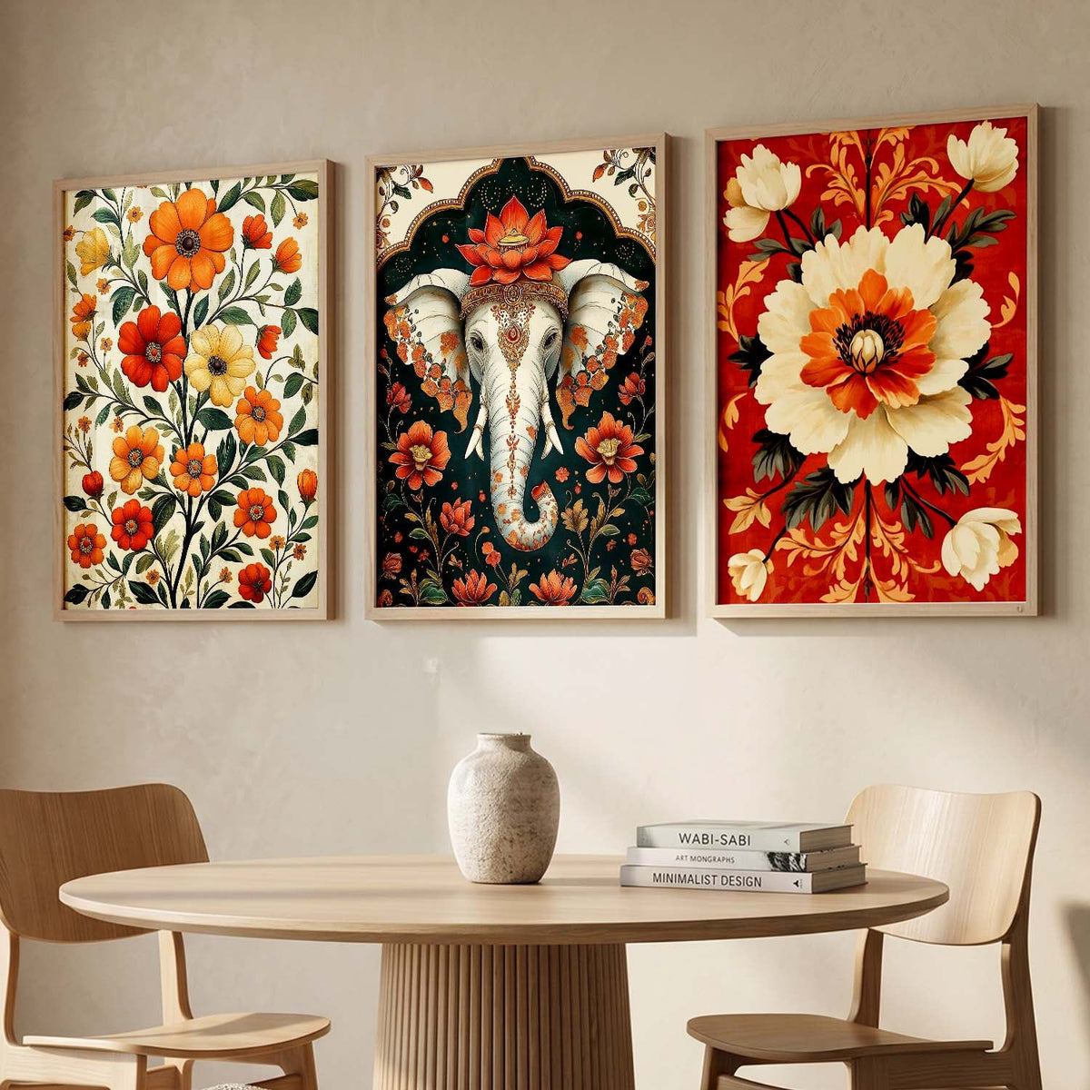 Bohemian Floral and Elephant Digital Art Trio