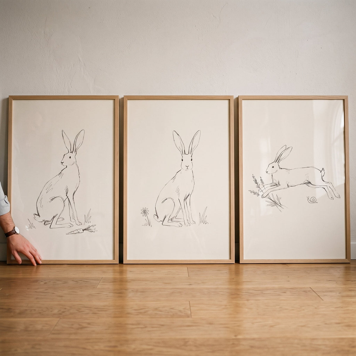 Charming Bunny Line Art Triptych