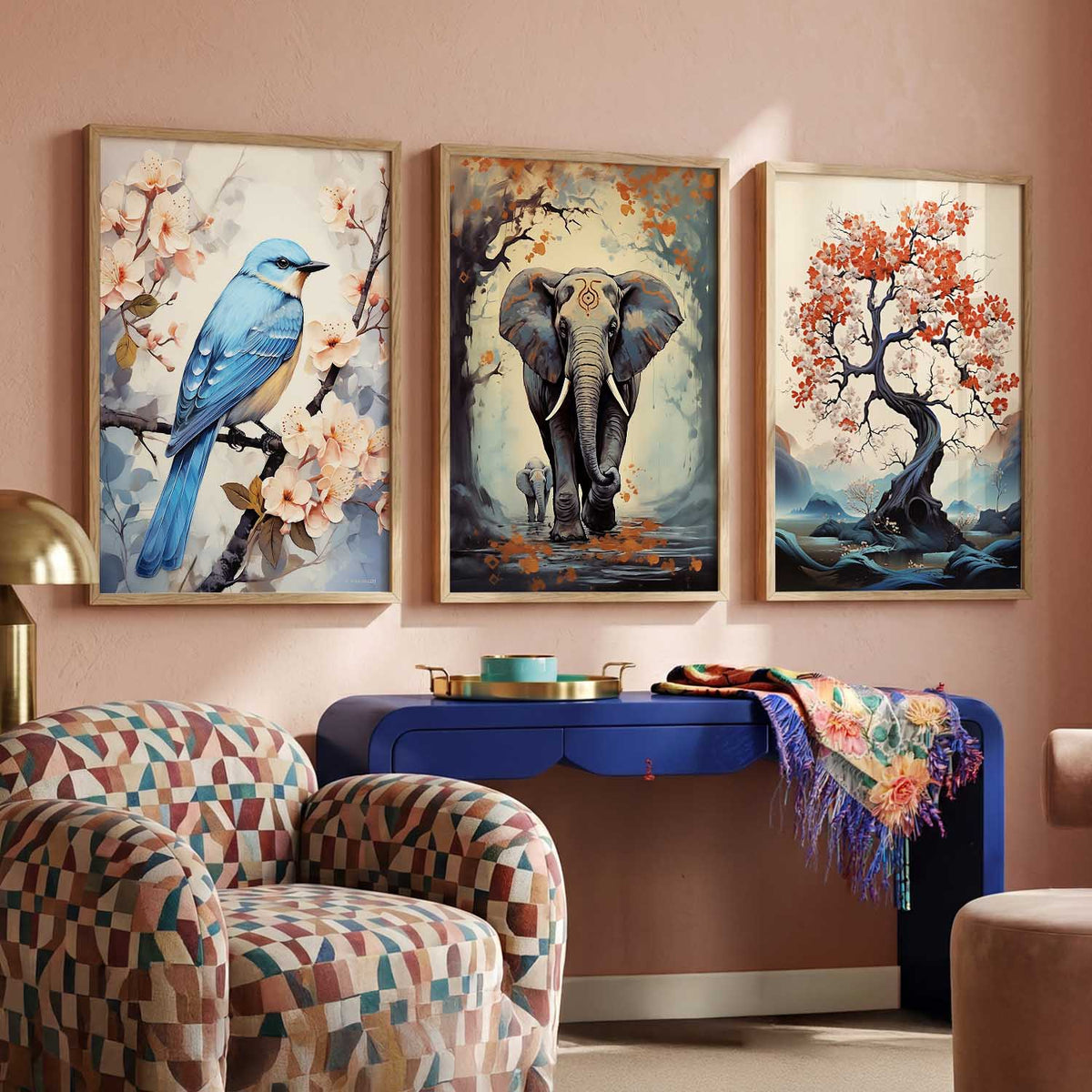 Triptych Wildlife and Floral Digital Art Trio