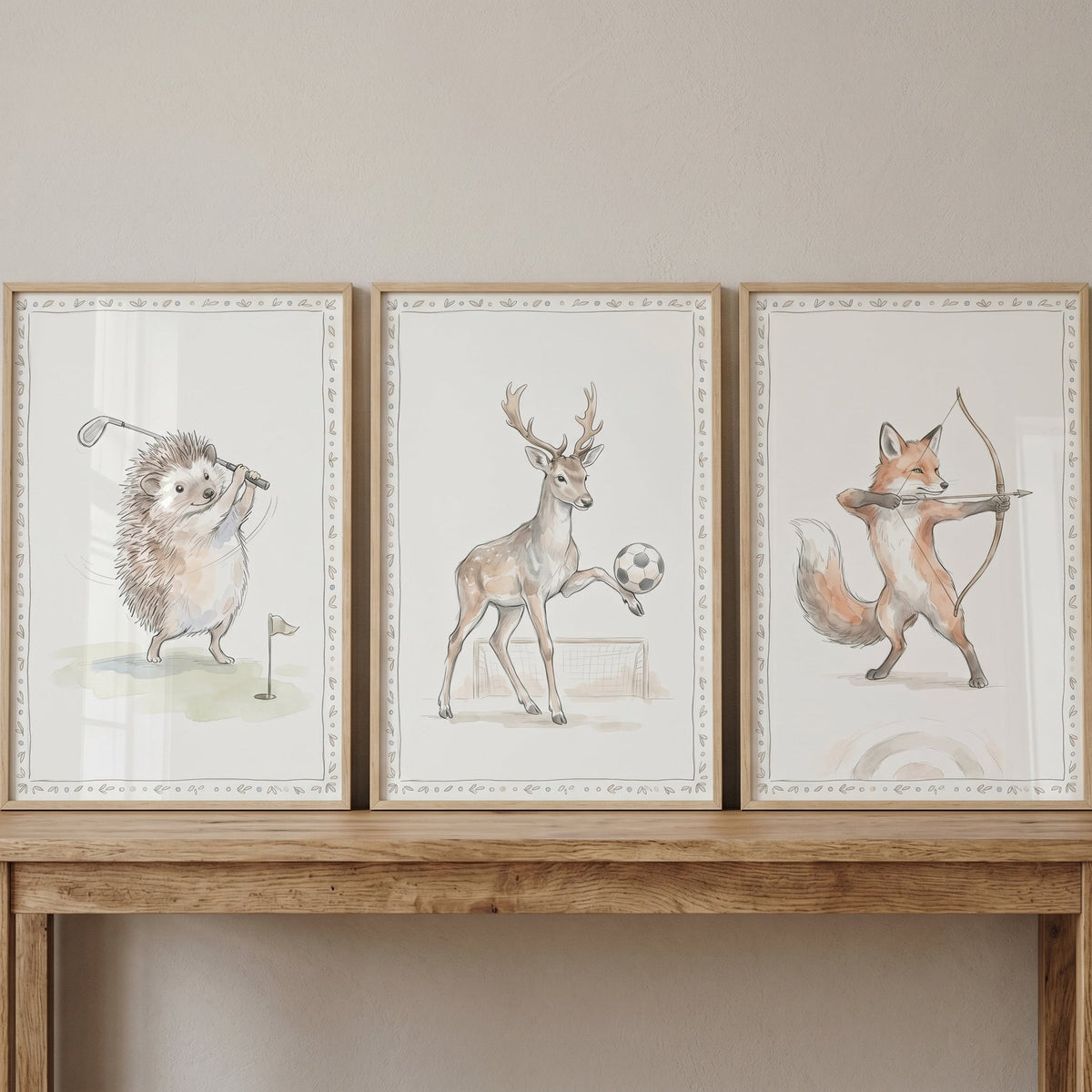 Sporty Woodland Animals Digital Art Triptych