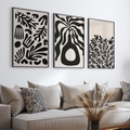 Abstract Botanical Black and Beige Triptych Digital Art