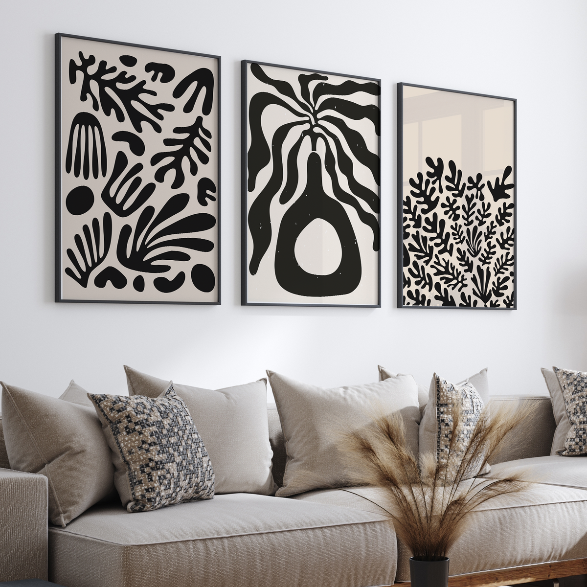 Abstract Botanical Black and Beige Triptych Digital Art