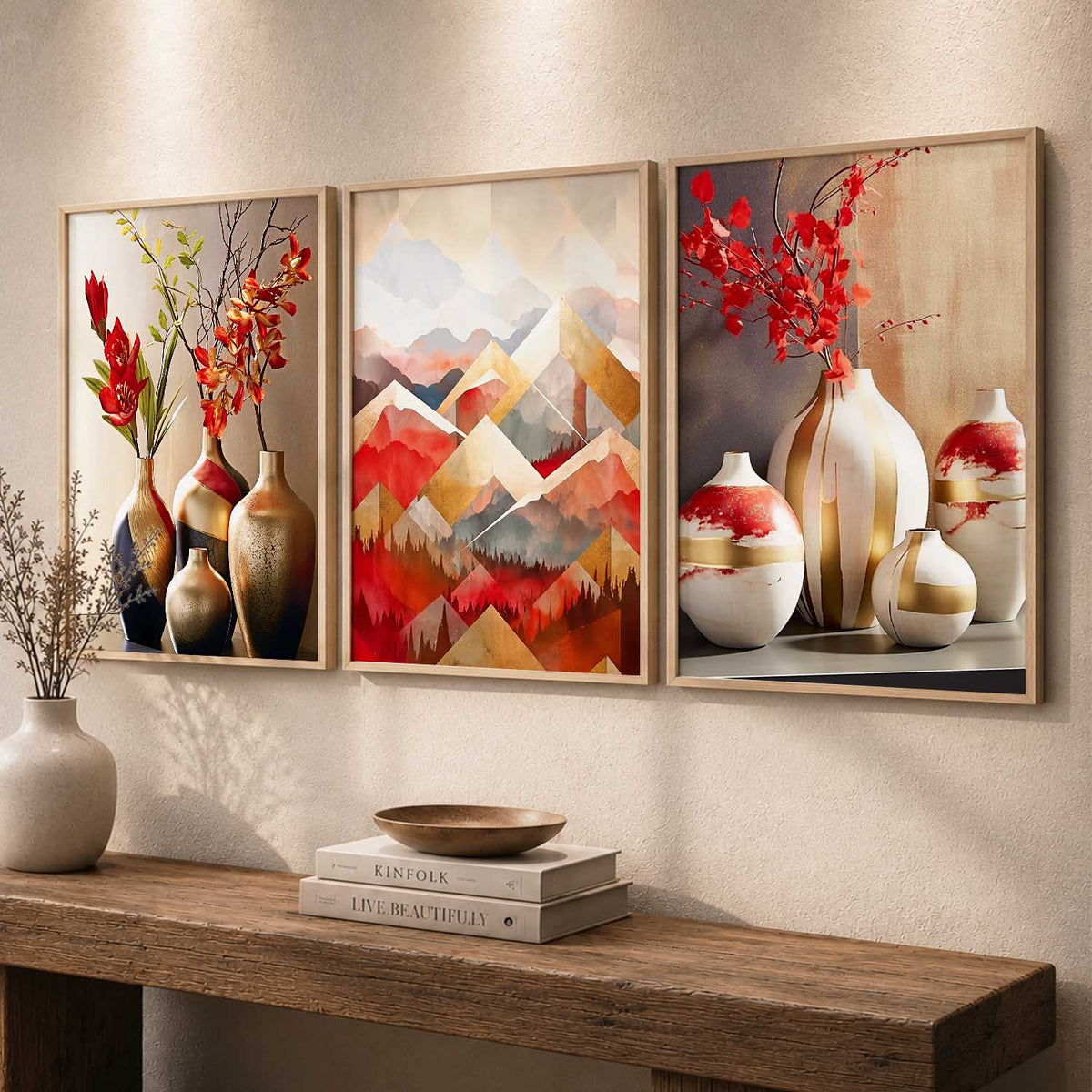 Abstract Mountain Peaks and Botanical Vases Triptych Digital Art
