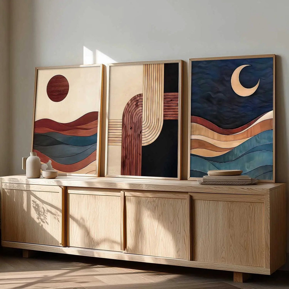 Abstract Sun and Moon Triptych Digital Art Set