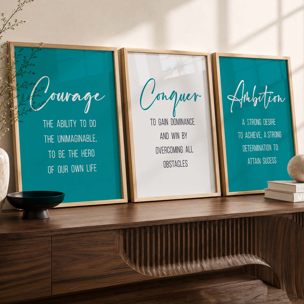Courage Conquer Ambition Motivational Triptych