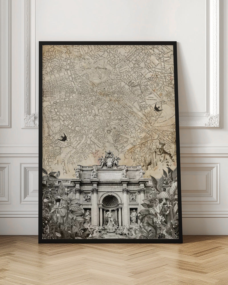 Vintage Rome Map & Trevi Fountain Collage Digital Art