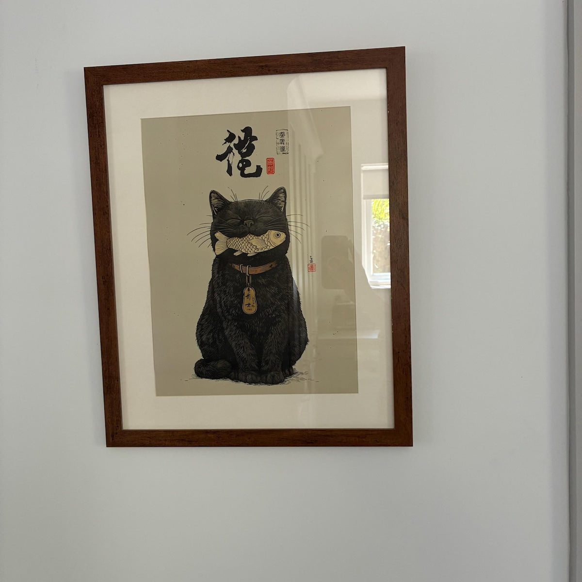 Japanese Black Cat with Fish Art Print