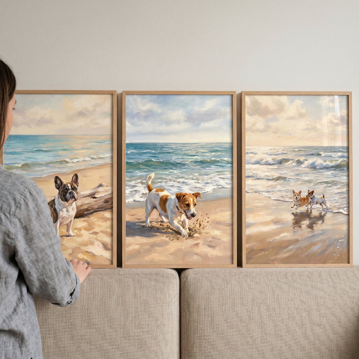 Playful Dogs at the Beach Digital Art Triptych