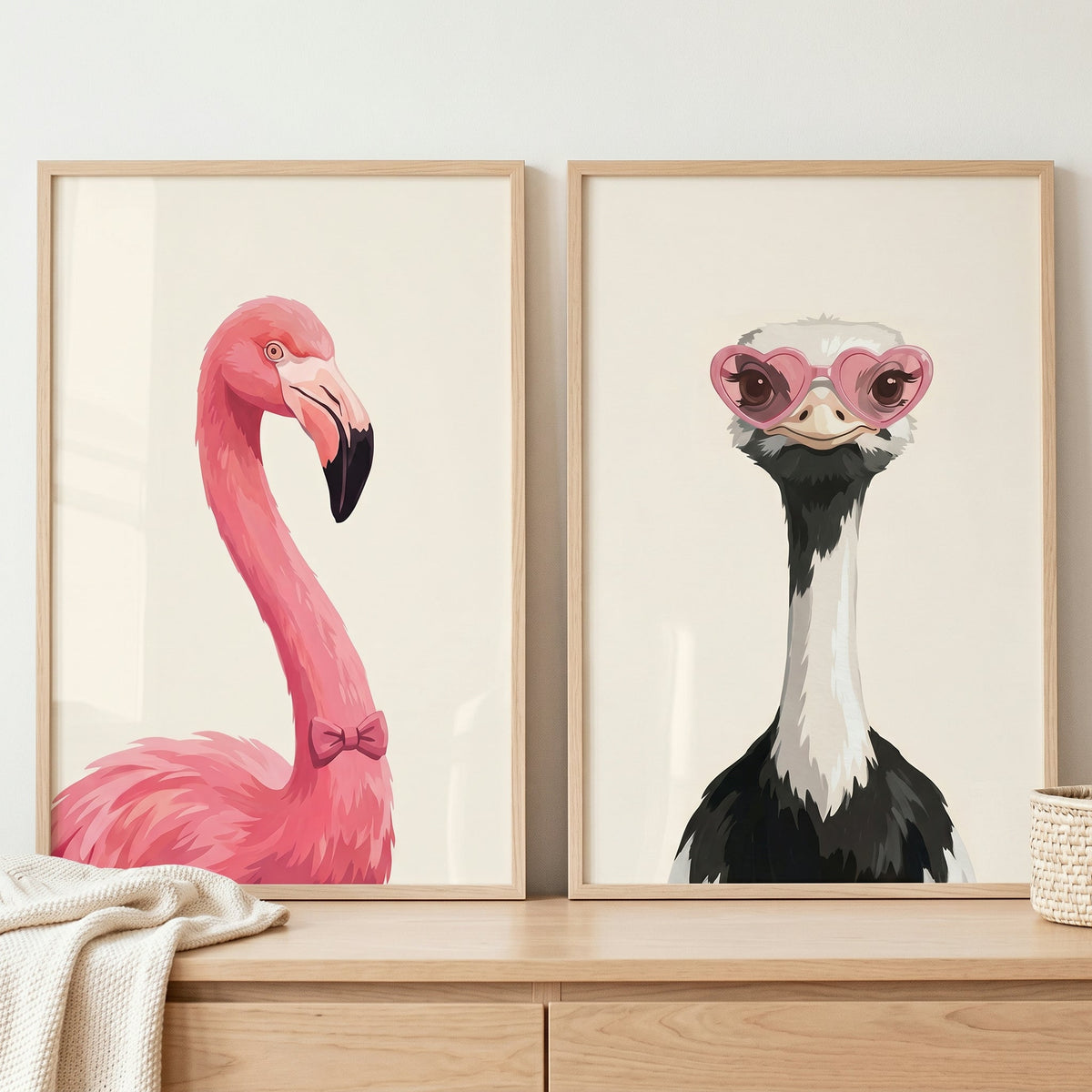 Chic Flamingo and Ostrich Digital Art Set