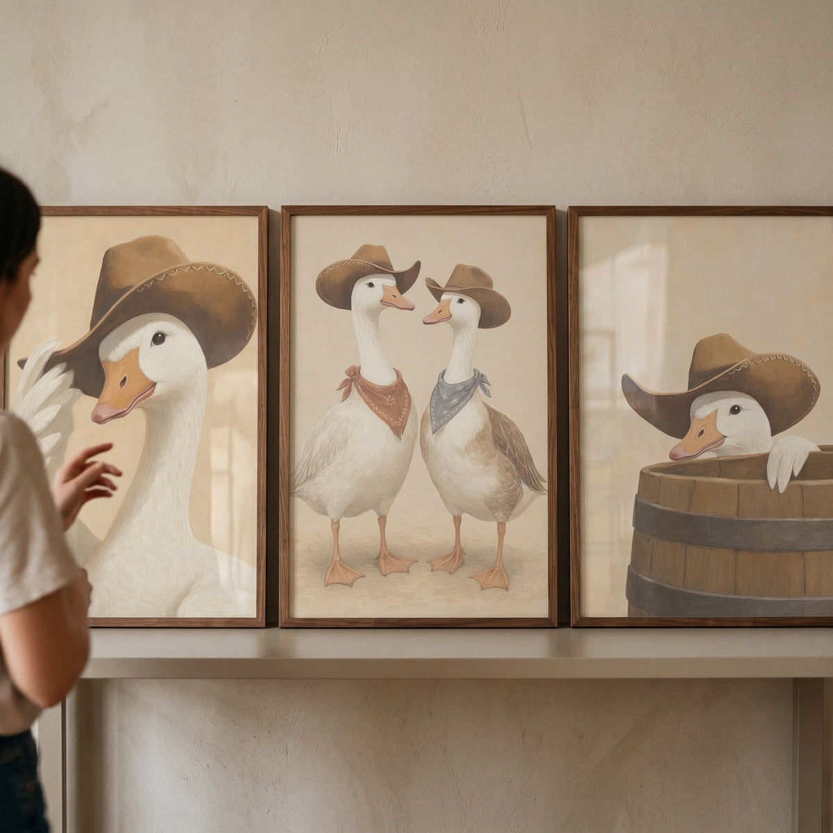 Charming Cowboy Ducks Triptych Digital Art