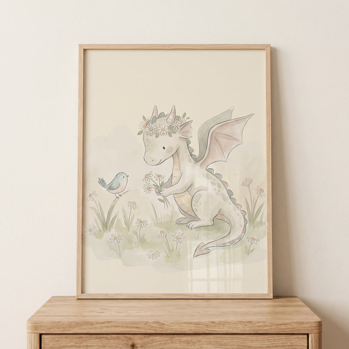 Watercolor Dragon with Little Bird Digital Art
