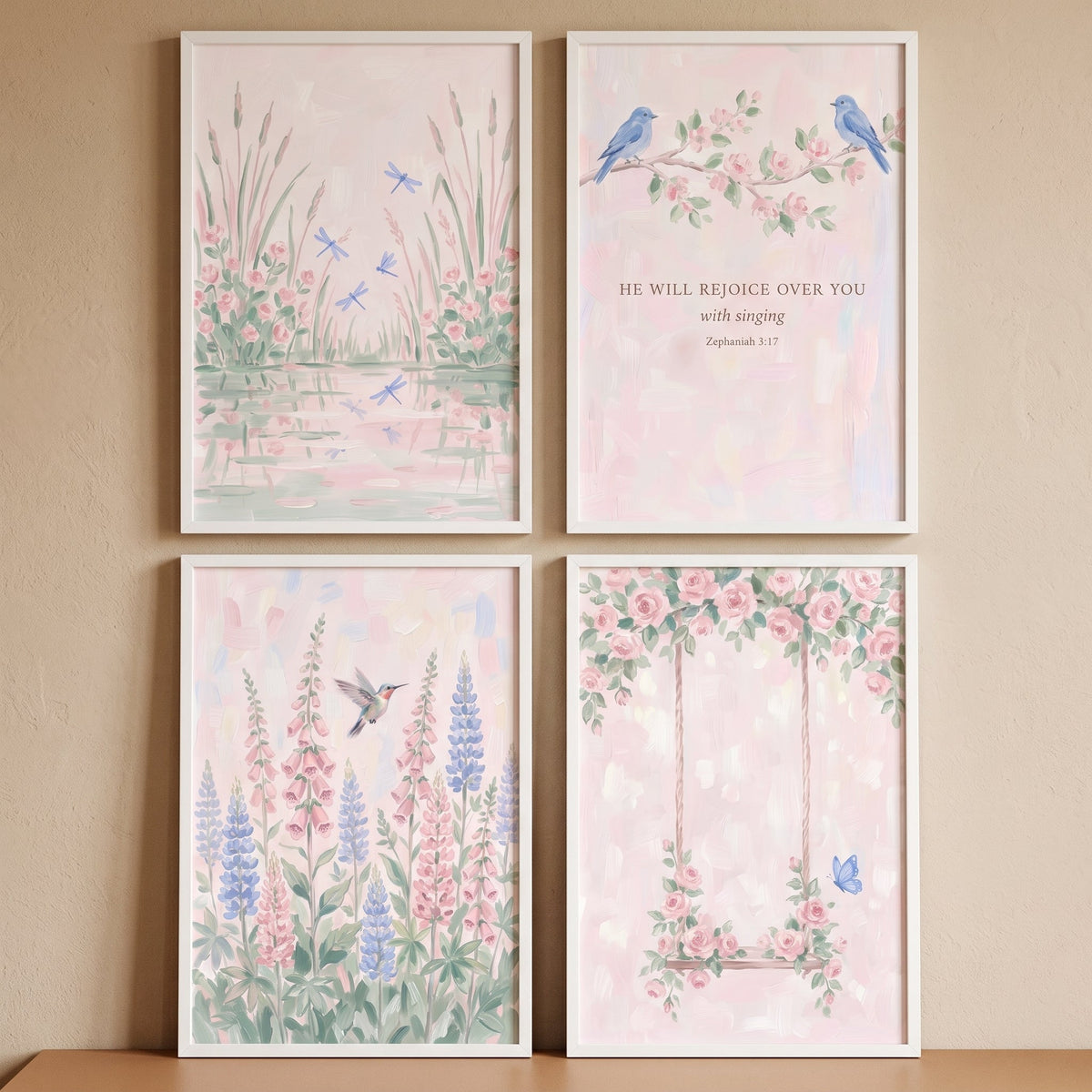 Pink Botanical and Scripture Wall Art Gallery Set