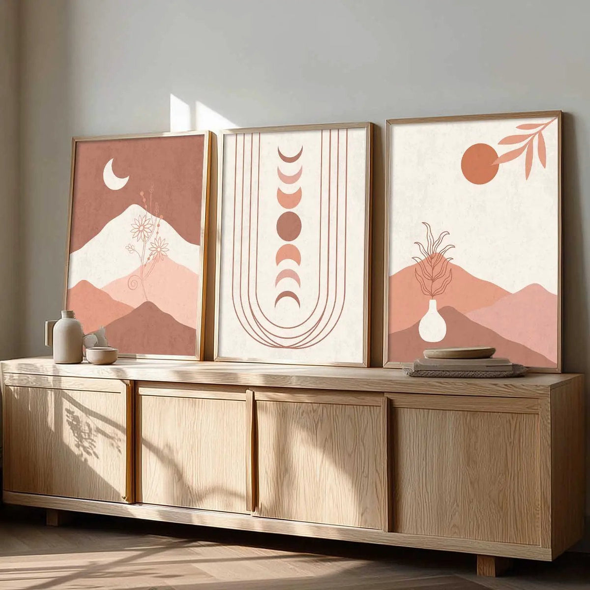 Boho Desert Sun and Moon Triptych Digital Art Set