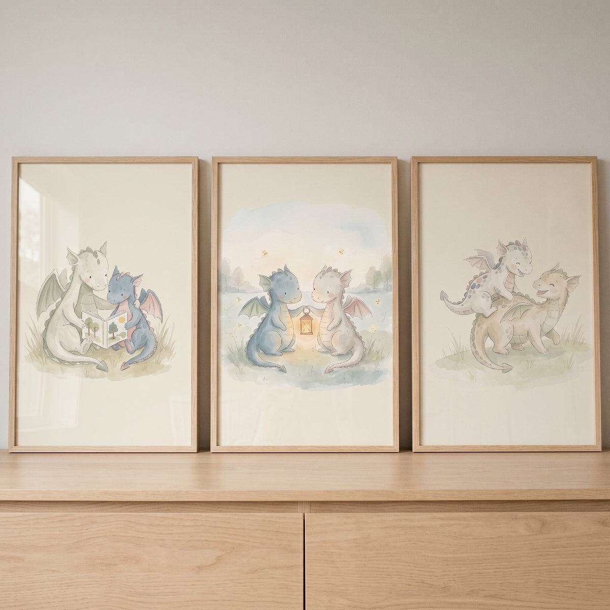 Watercolor Baby Dragons Digital Art Triptych