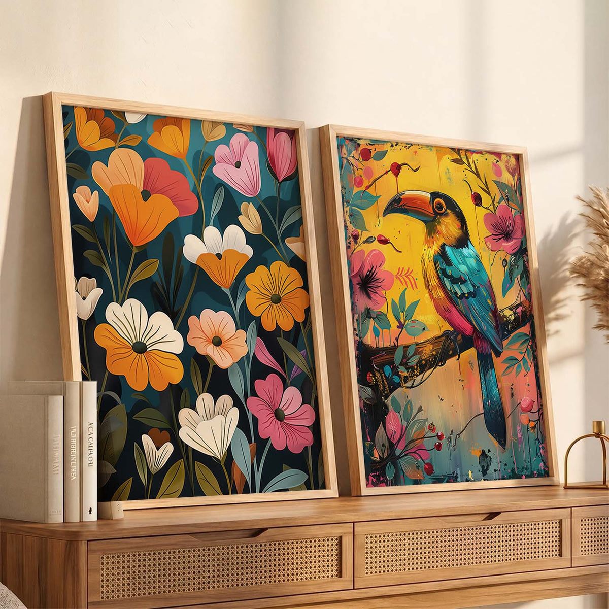 Tropical Toucan and Floral Meadow Digital Art Set