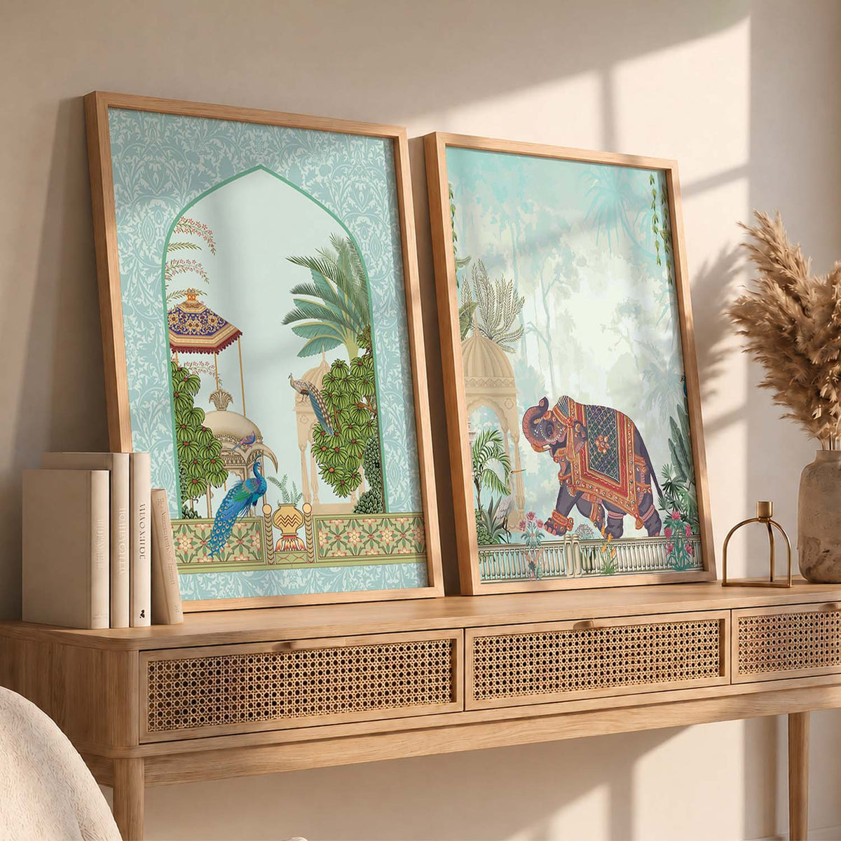 Mughal Garden Elephants and Peacocks Digital Art Set