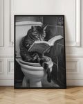 Funny Cat Reading on Toilet Black and White Digital Art