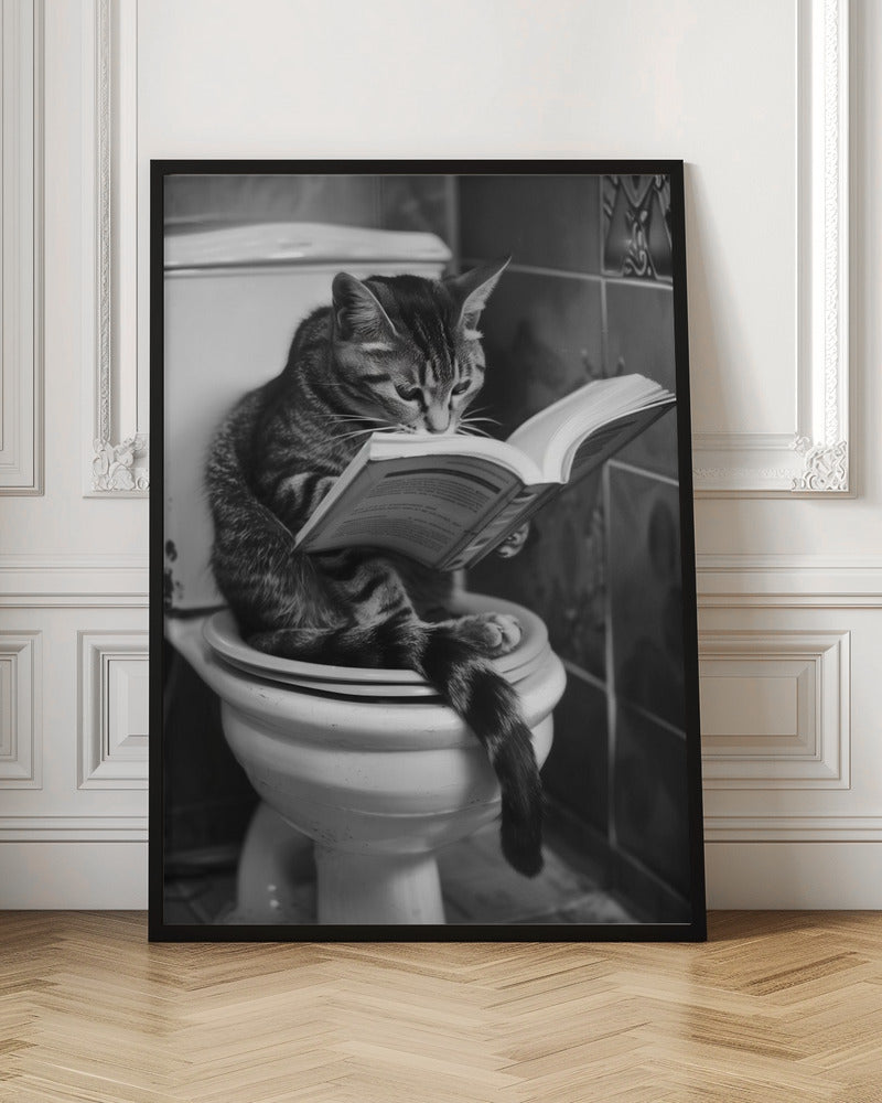 Funny Cat Reading on Toilet Black and White Digital Art