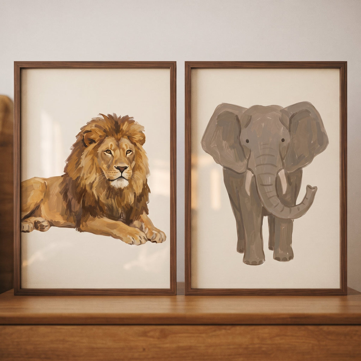 Safari Animal Watercolor Lion and Elephant Digital Art Set