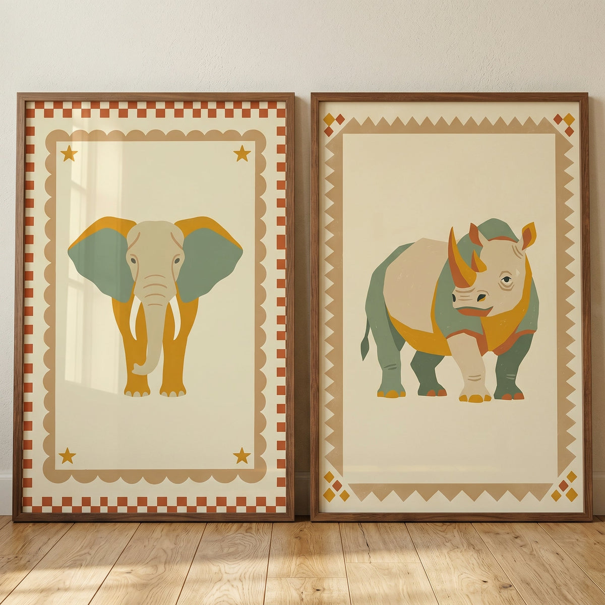 Retro Safari Elephant and Rhino Digital Art Set